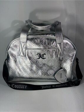 💋 JUICY COUTURE METALLIC SILVER CHROME GOOD TIMES WEEKENDER TOTE PURSE BAG 💋